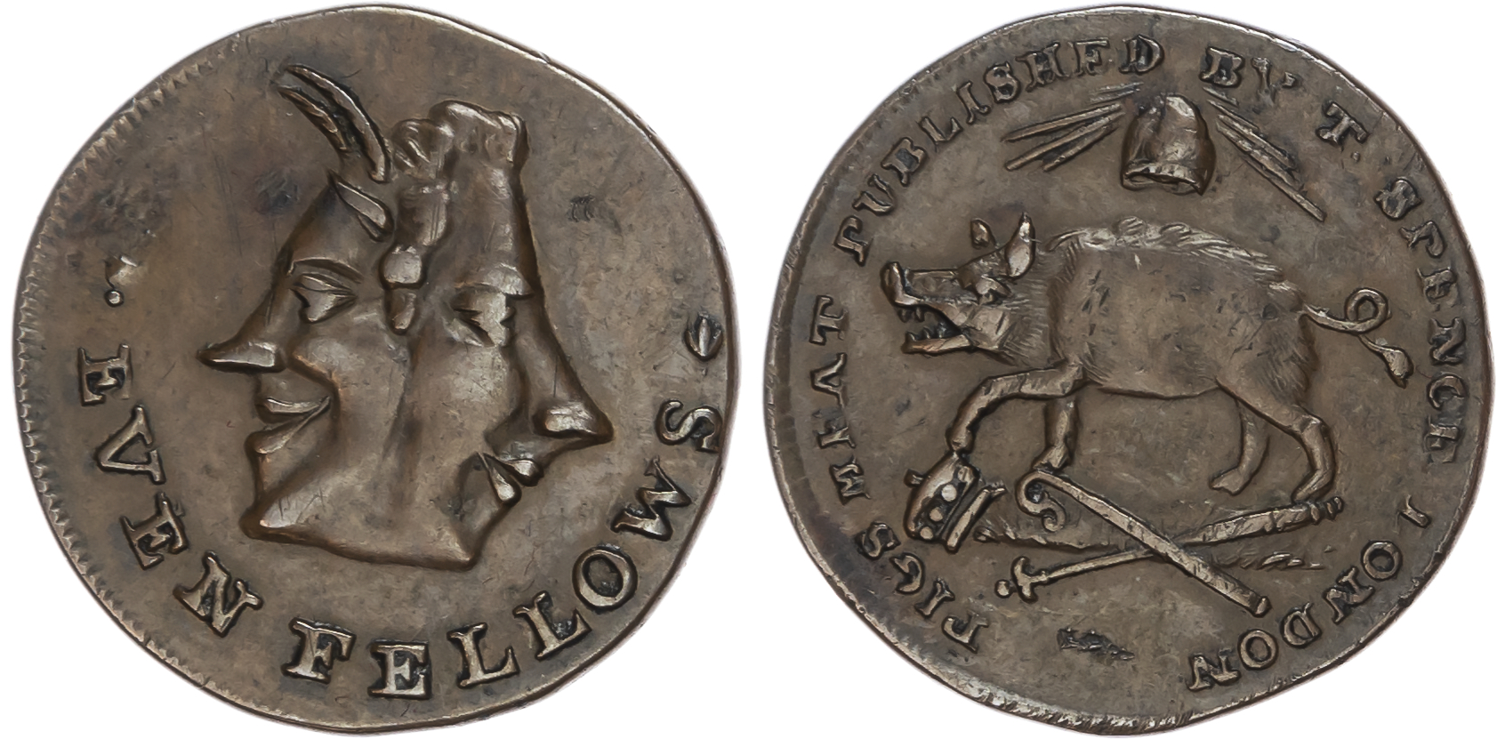 London, Holborn , Thomas Spence Farthings, Pig trampling emblems of royalty, rev. Adam & Eve seated, edge plai…