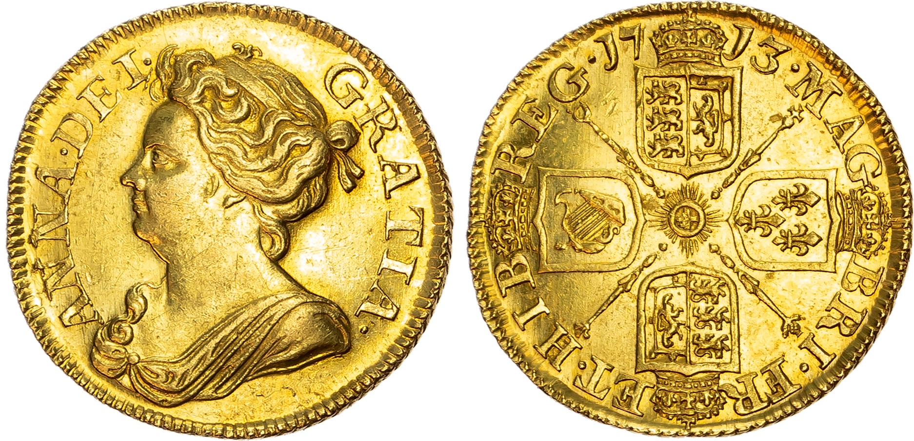 Anne (1702-14), Guinea, 1713, draped bust left , rev. crowned cruciform shields, sceptres in angles, six strings to Iris…