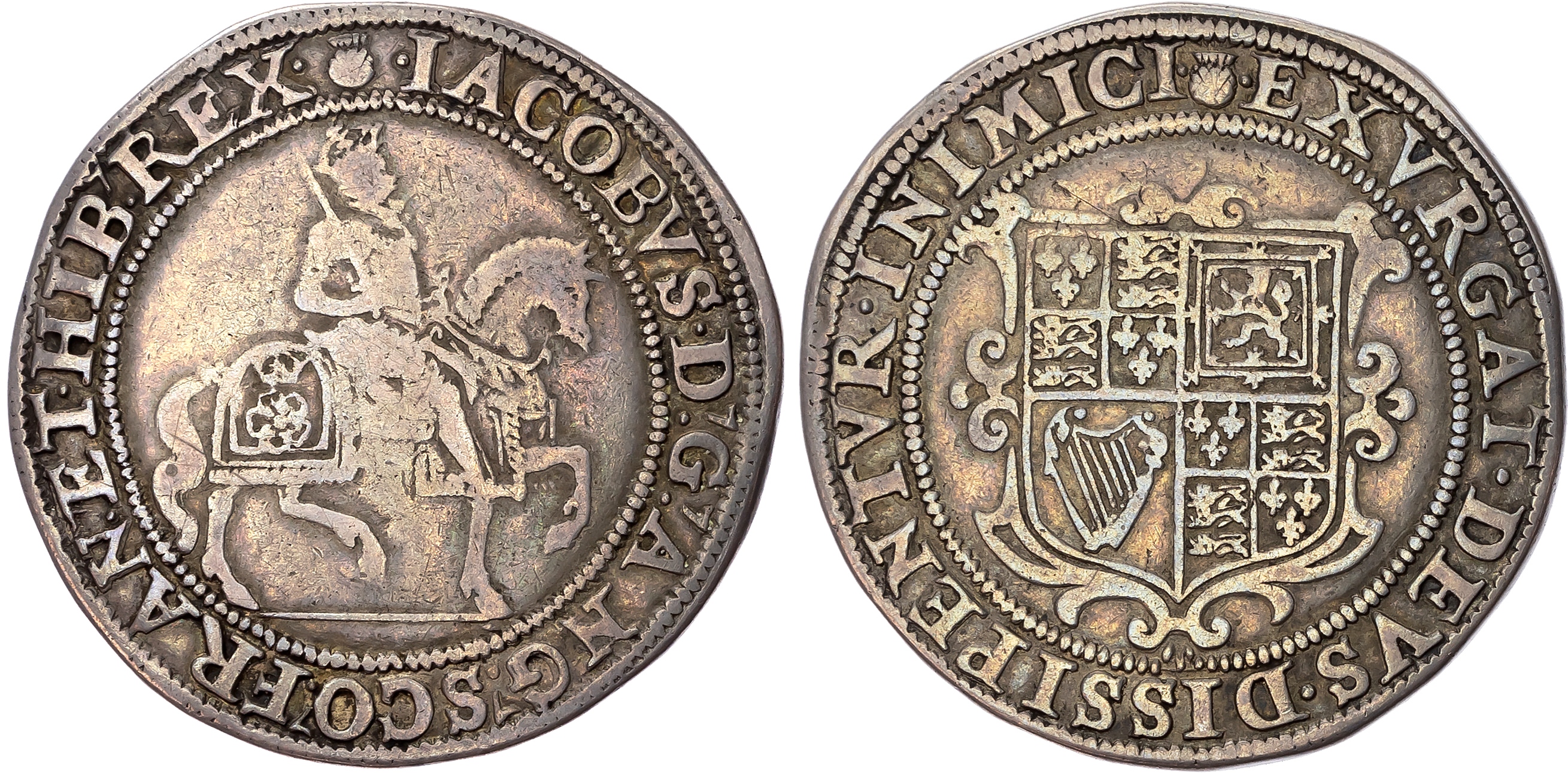 James I (1603-1625), AR Halfcrown, first coinage, mm : thistle - 1623-24. King on horseback right with plain groundline,…