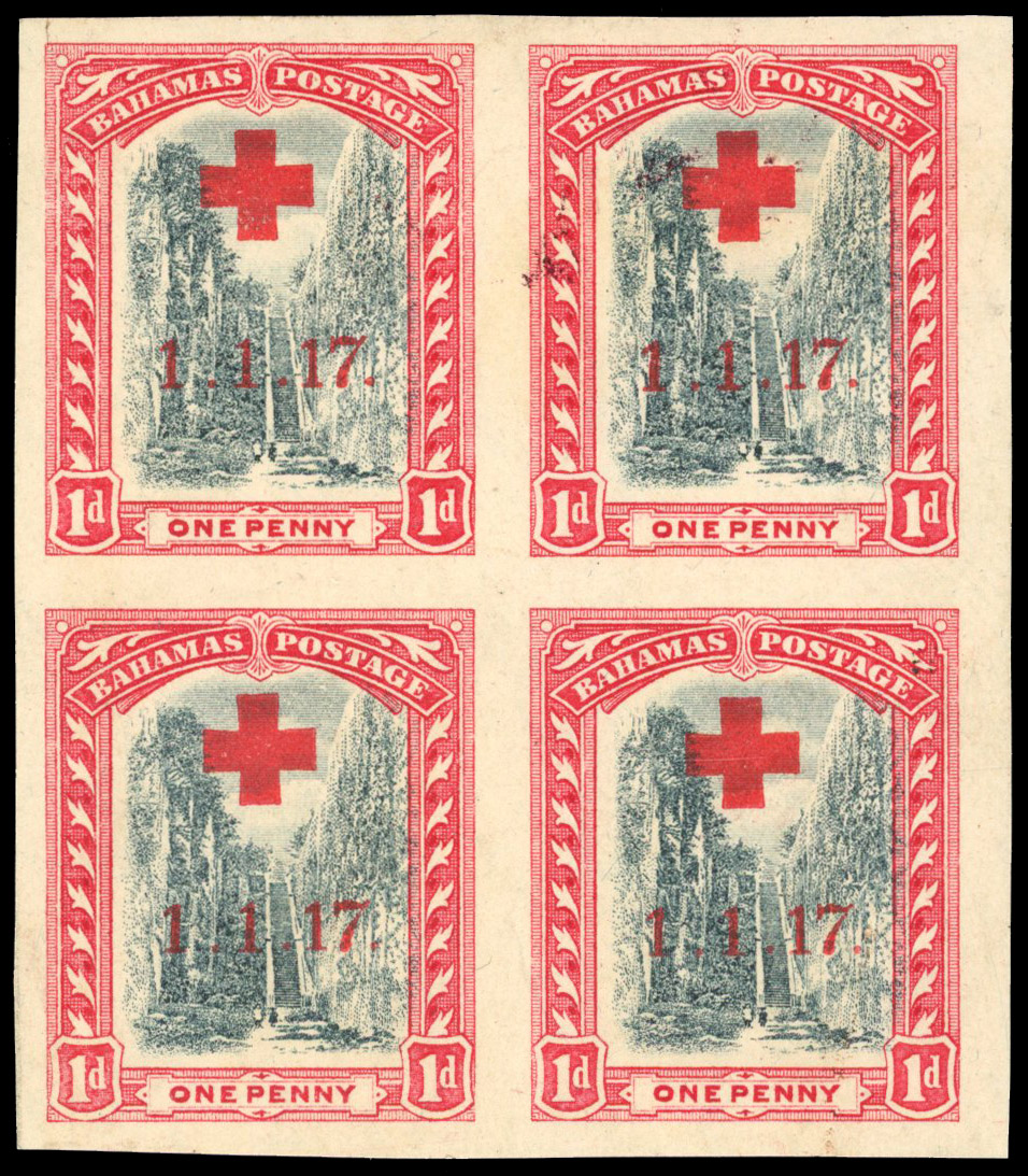 Bahamas 1917 Red Cross 1d imperf plate proof block of 4