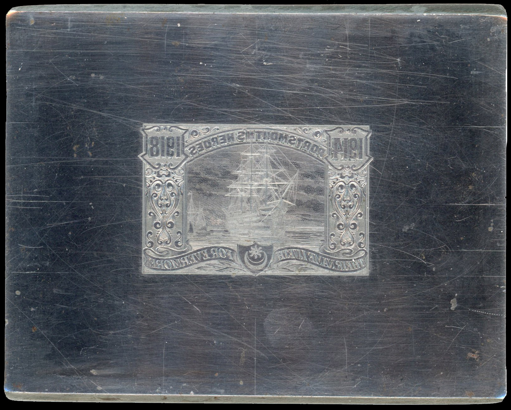 GB 1918 BW printing plate die of '1914 Portsmouth's Heroes 1918/Their Name Liveth for Evermore' label 