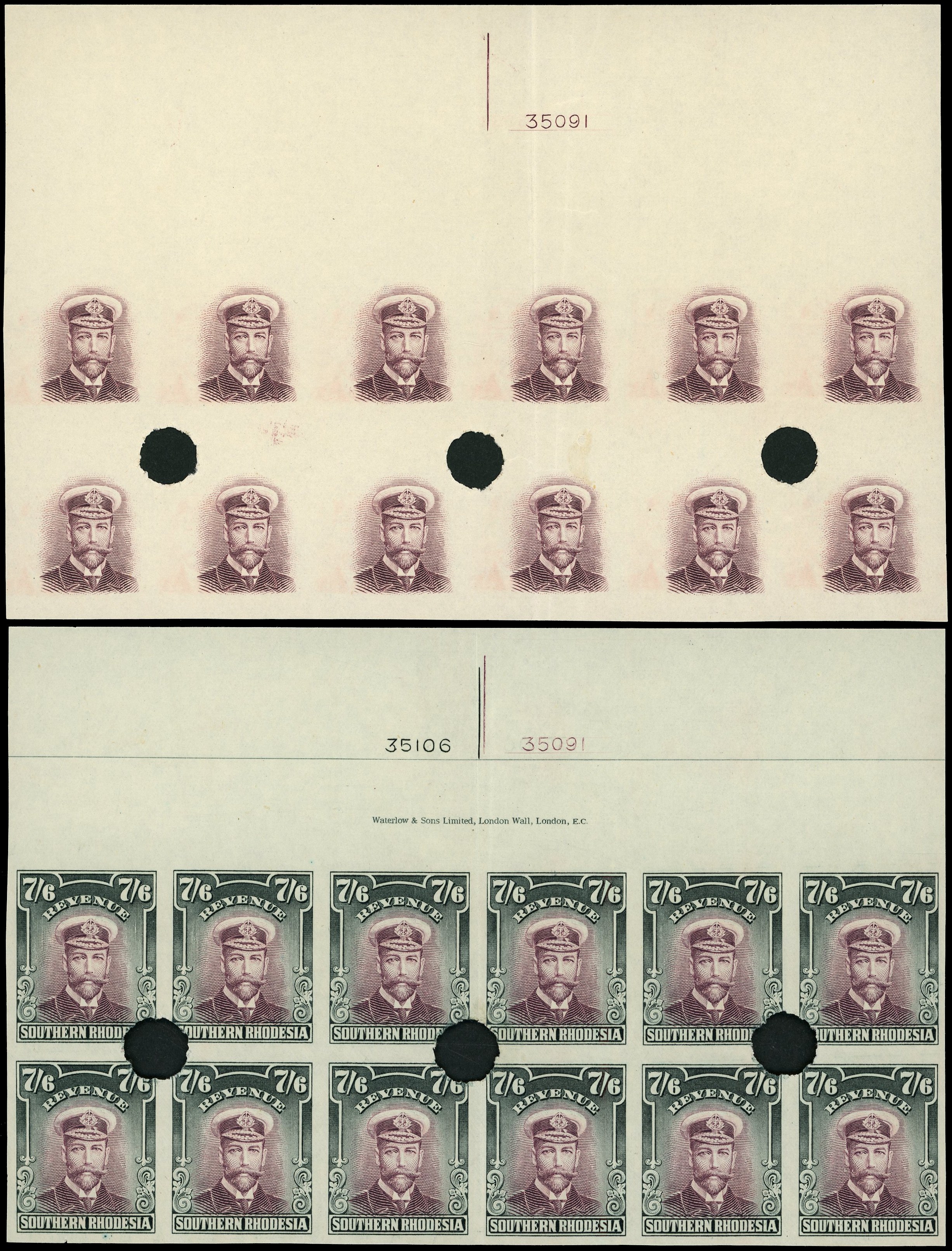 Southern Rhodesia 7s6d Plate Proof Blocks of 12 Upper marginal.