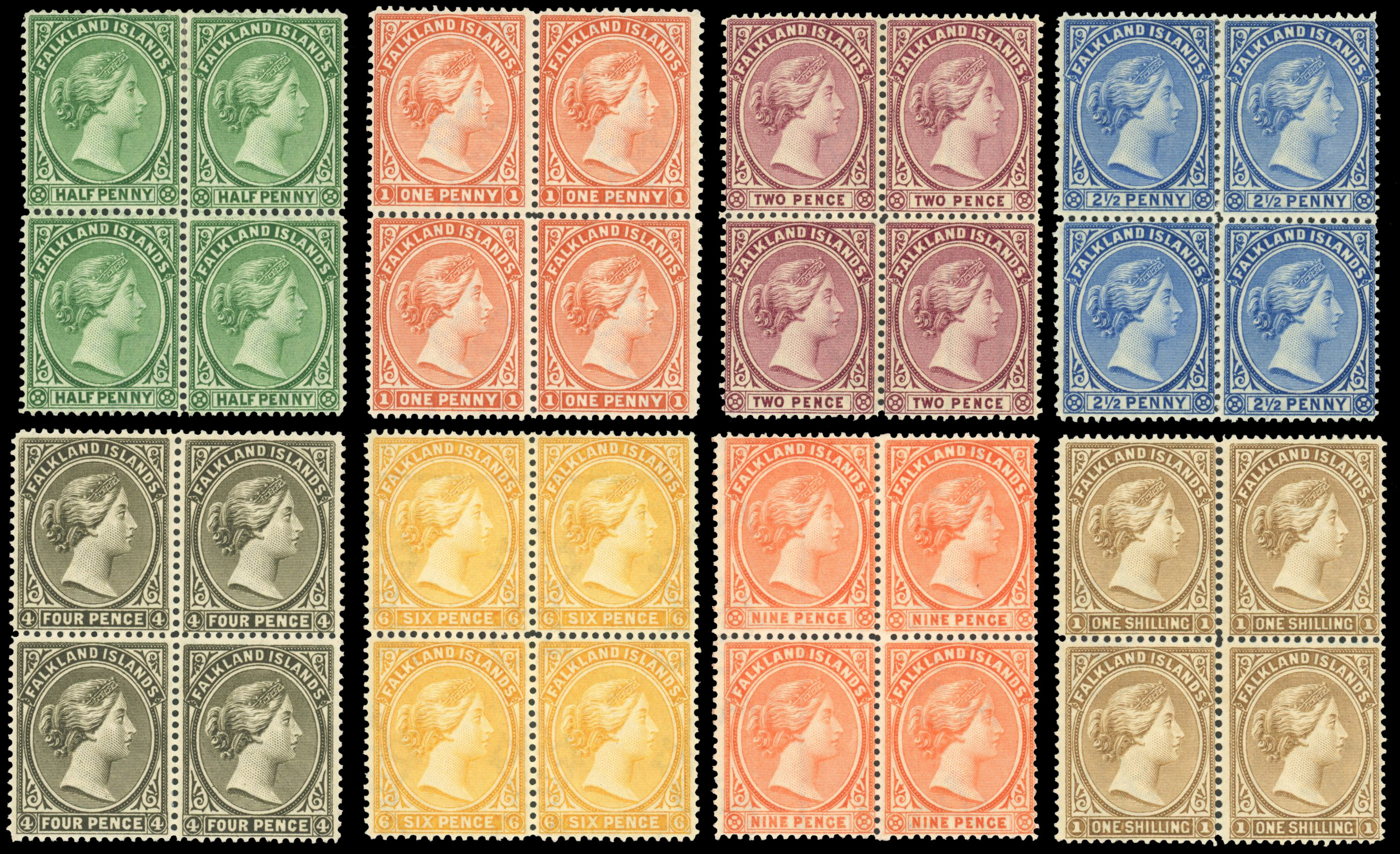 † Falkland Islands SG 17a/38 1891-1902 set of 8 in mint blocks of four