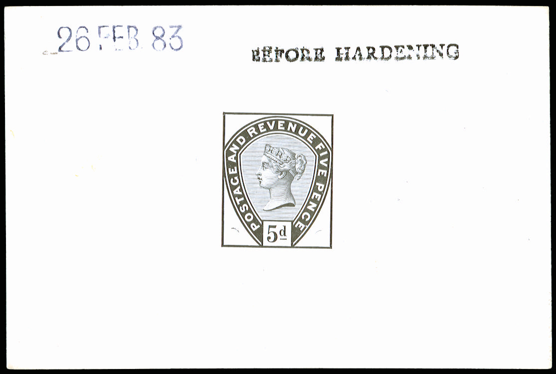 Great Britain 1883 5d Die proof (Unissued design with line under "d"). Very fine and fresh example printed by DLR …