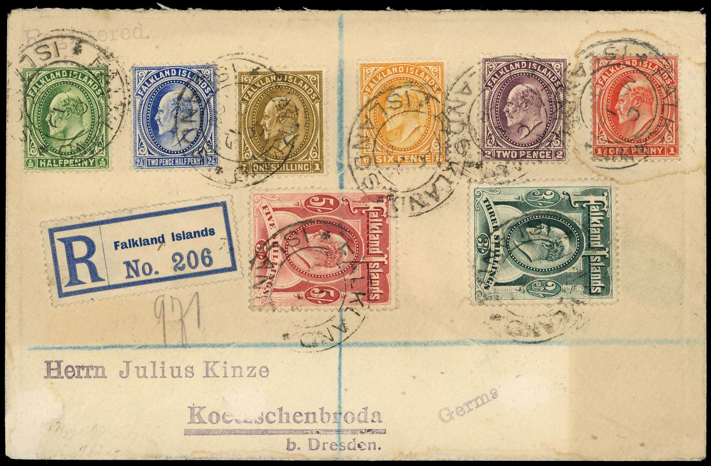 1908 ½d to 5s set of 8 on registered cover...
