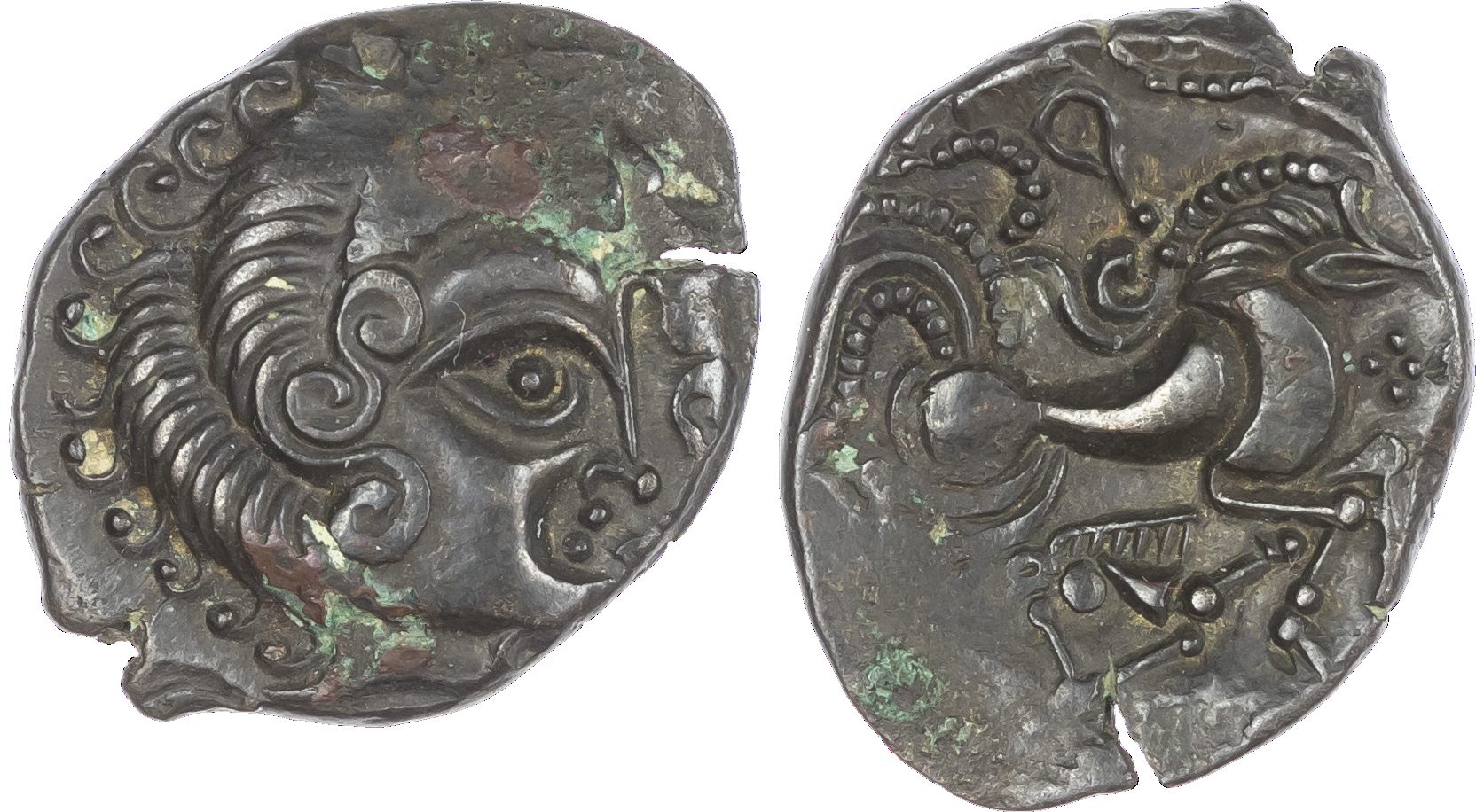 North West Gaul, Coriosolites (c. 100-50 BC) BI Stater, 6.27g. Stylised male head right, hair of large spiral curls. Rev.