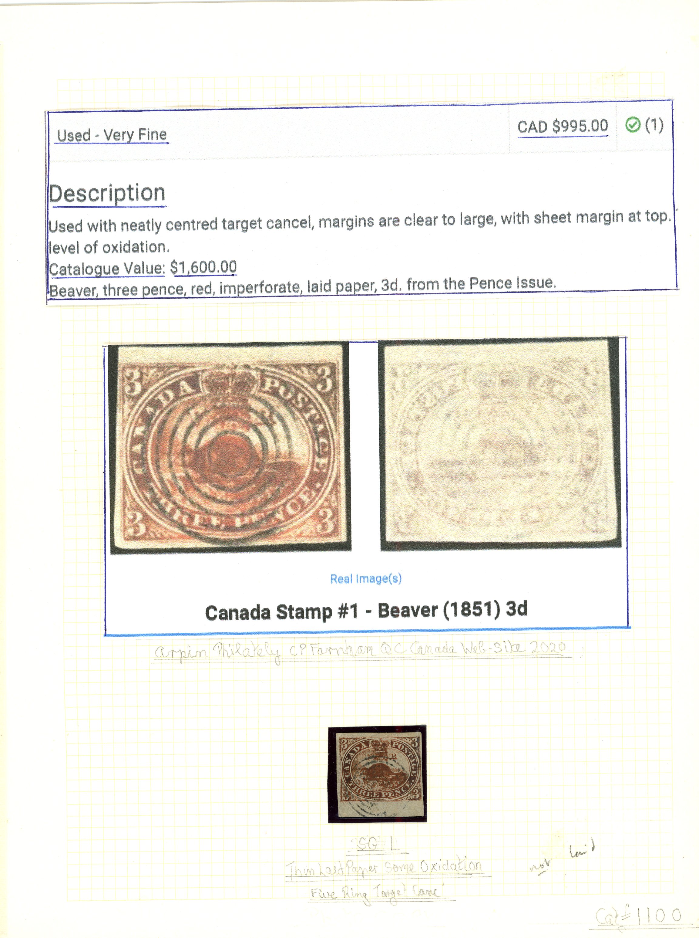 1852 3d red Beaver imperf bottom marginal...