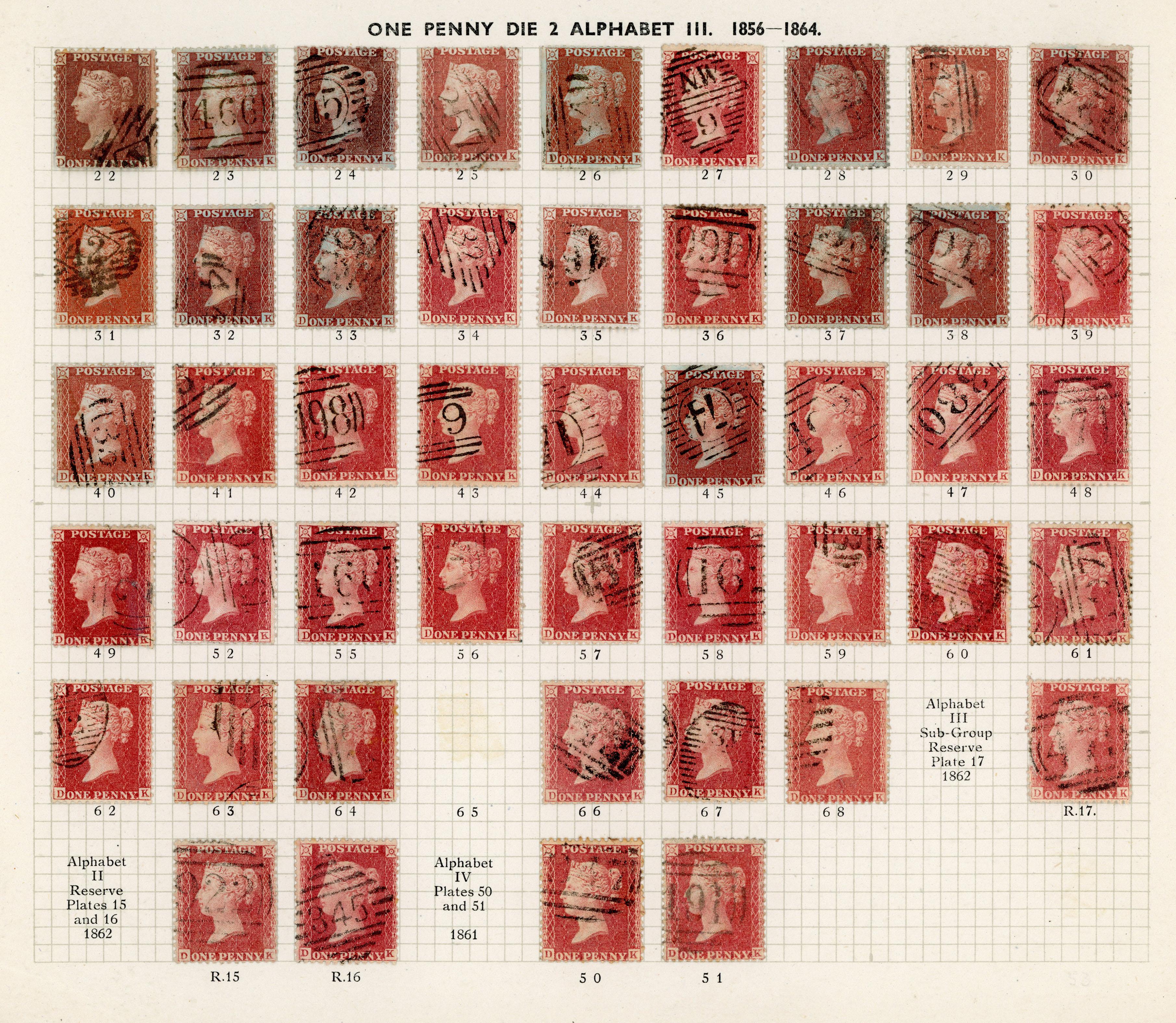 GB 1856-64 1d reds from Plates 22 - R17, the D Row