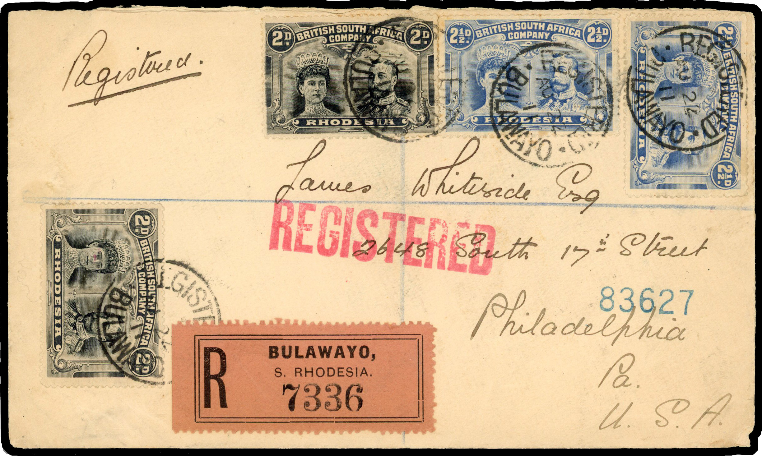 Rhodesia 1911 registered cover from Bulawayo to USA