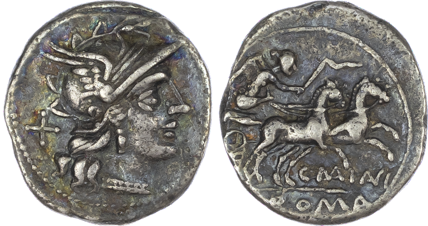 C. Maianius (153 BC) AR Denarius, Rome, 3.47g. Helmeted head of Roma facing right, X (mark of value) behind. Rev. Victory,