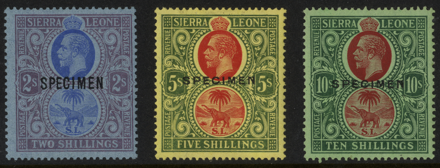 1921-7 2/-, 5/- and 10/- overprinted SPECIMEN Type D12a or 16, large part o.g., the 10/- u/m.  SG...