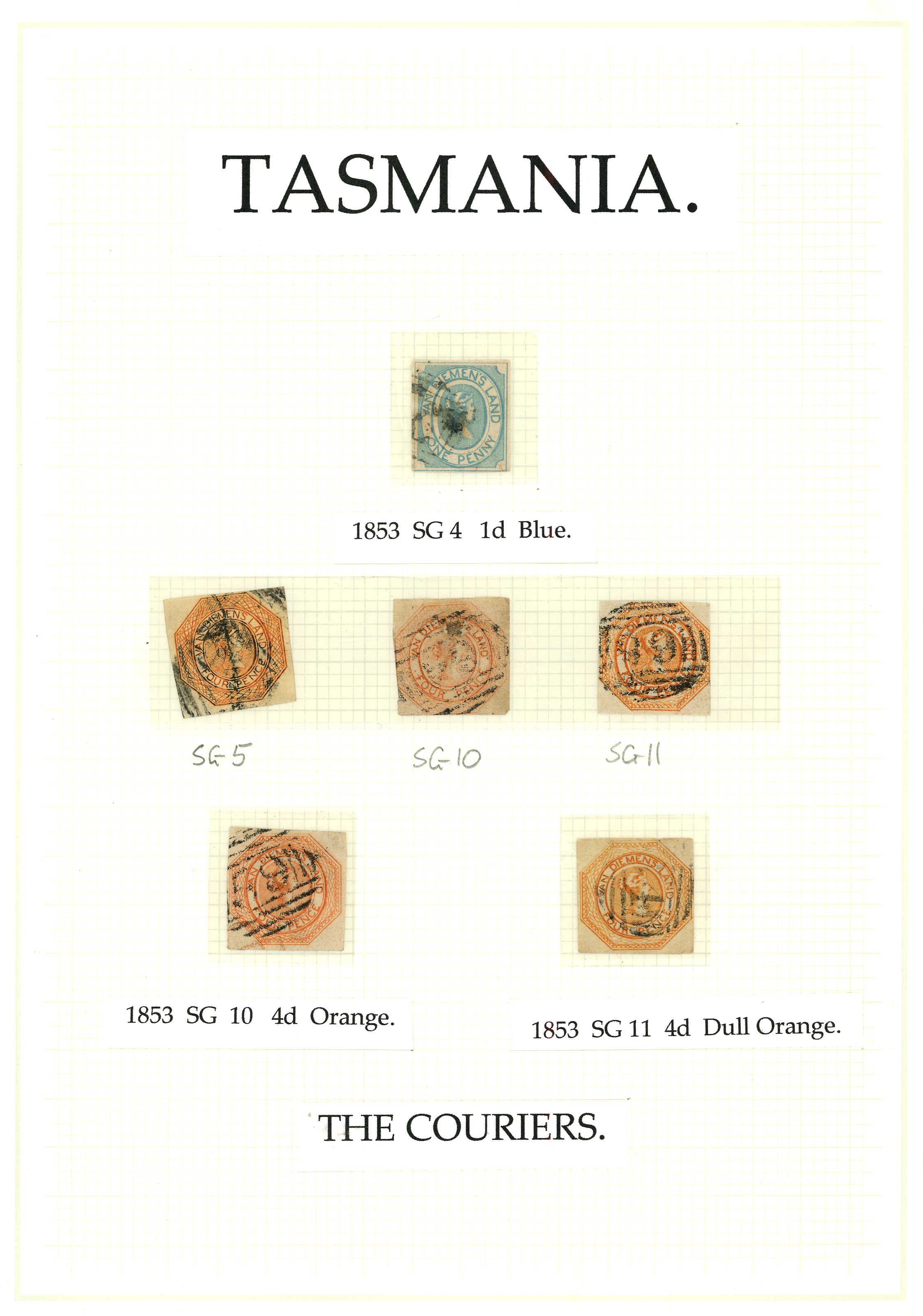 Mainly used on hingeless leaves including 1853-54 1d just 4-margin, 1853-54 4d orange (5), 1855 to 4d, 1857, 1858 1s,...