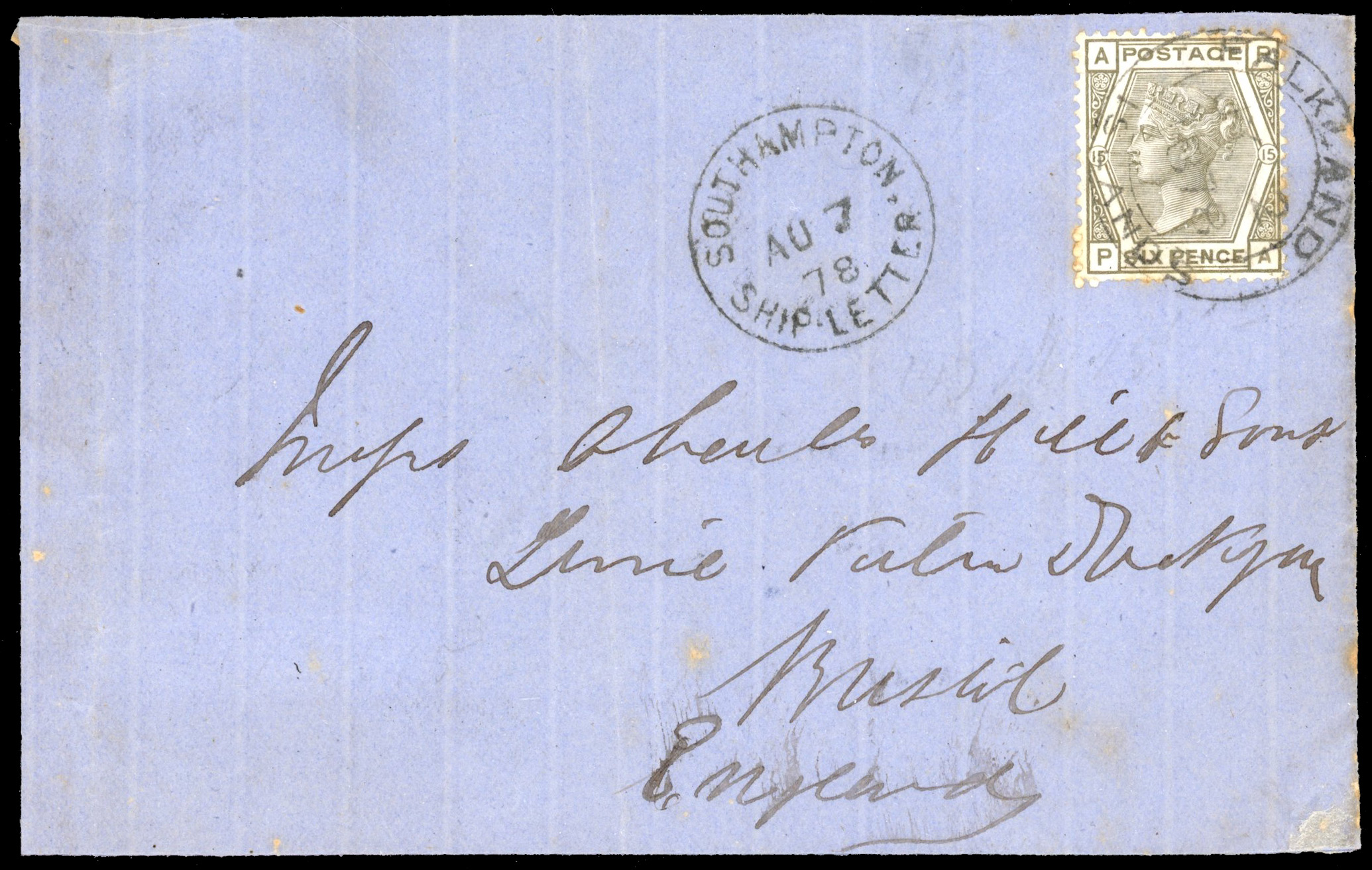 Falkland Islands 1878 front bearing GB 6d grey Plate 15