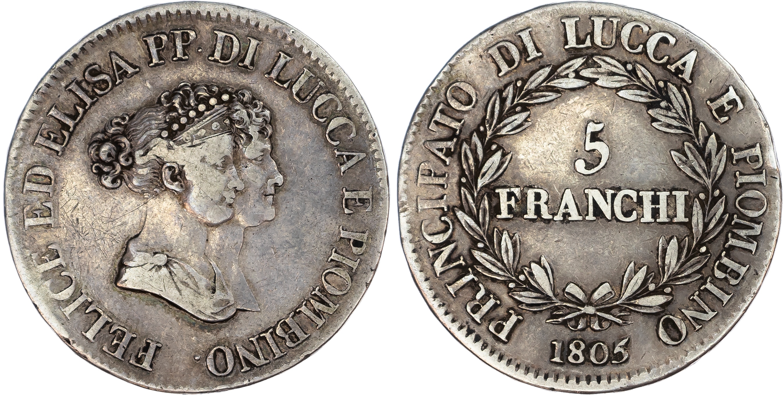 Italian States, Lucca and Piombino. Felice and Elisa AR 5 Franchi. 1805.