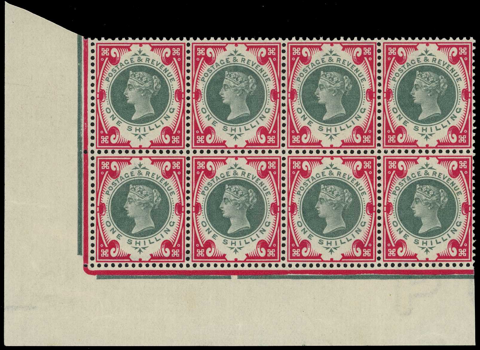 1900 1/- green and carmine lower left...