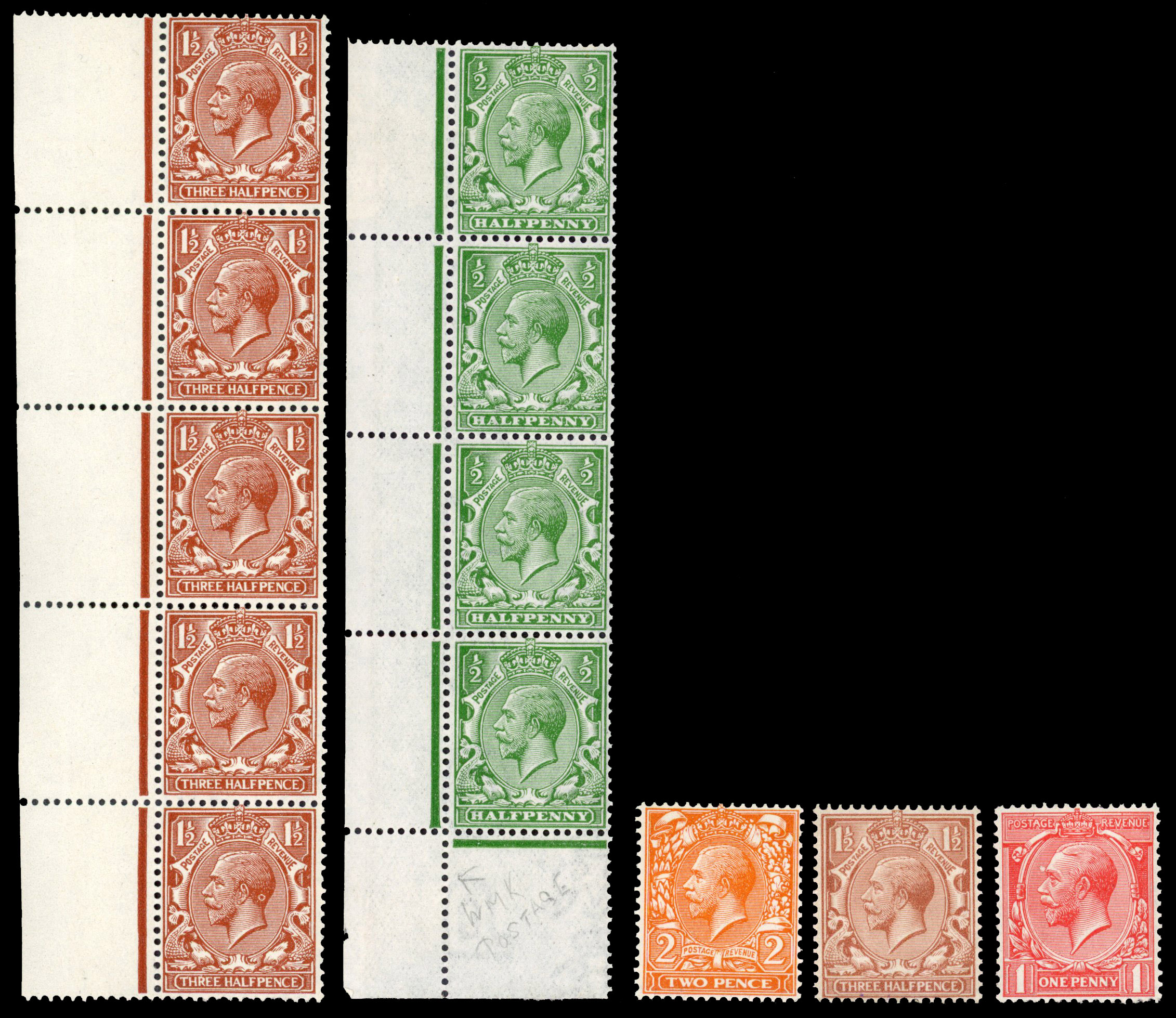GB: 1912-24 1d, 1½d and 2d without watermark plus ½d and 1½d vertical strips of 4 with part “POSTAGE”