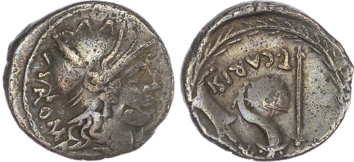 T. Carisius (46 BC) AR Denarius, Rome, 3.60g. ROMA, helmeted head of Roma facing right. Rev. T•CARISI, sceptre, cornucopiae,