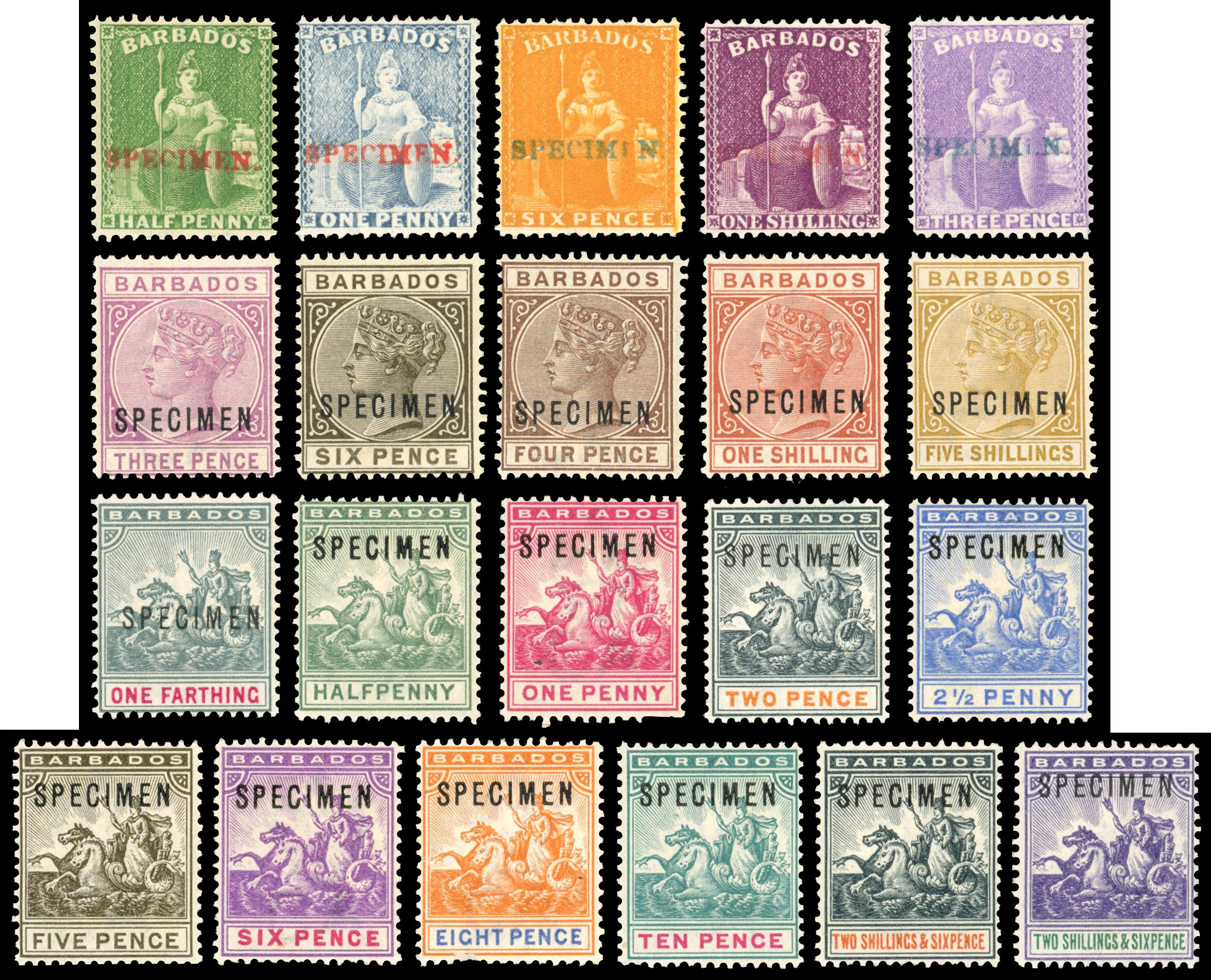 Barbados QV-KGVI range of SPECIMENs on stockcards