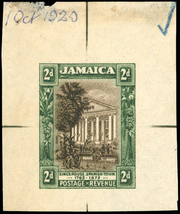 Jamaica 1919-21 2d working die proof in brown and deep green, SG 81var