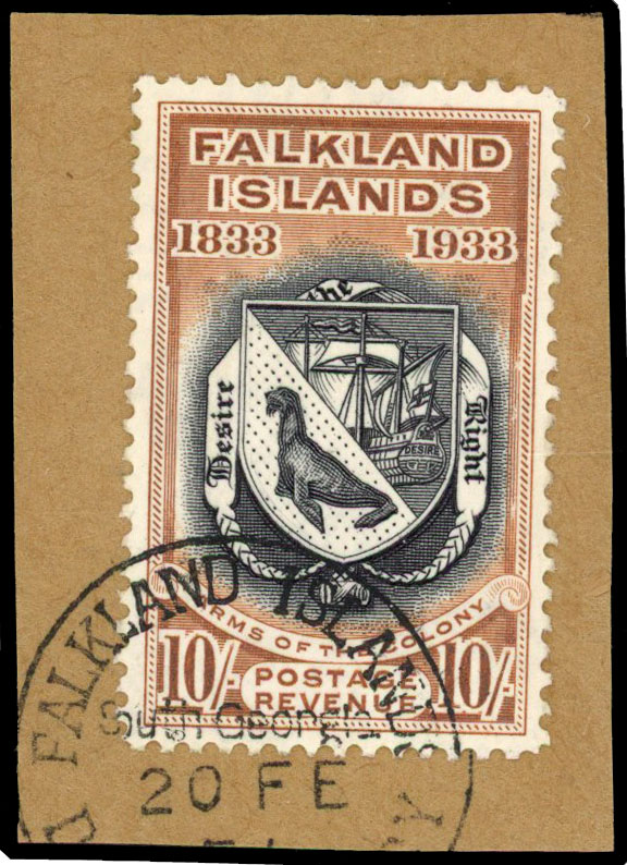 1933 10s Centenary of British Administration tied to brown paper piece by South Georgia cds SG 137/Z64