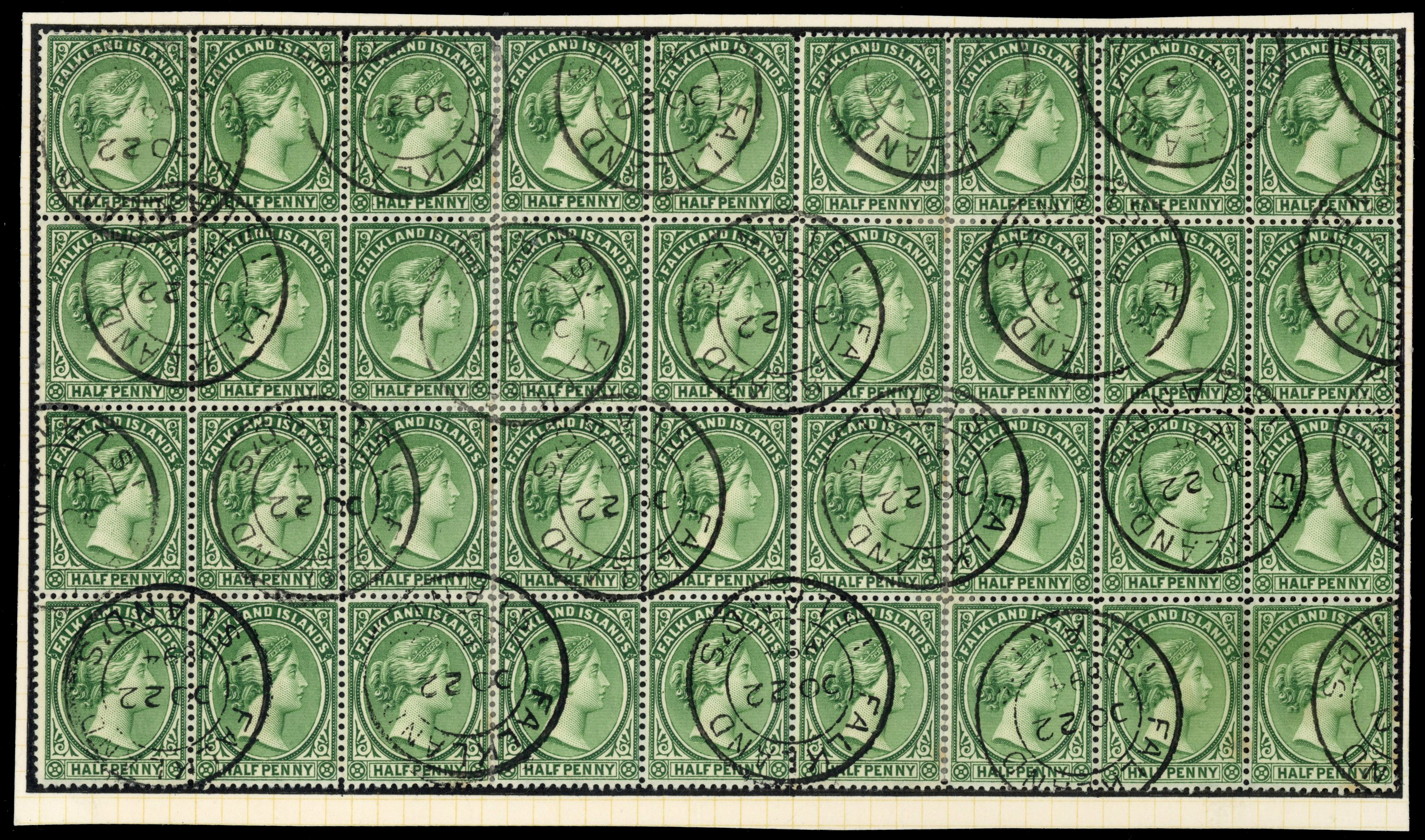 † Falkland Islands SG 17 ½d deep yellow-green used block of 36