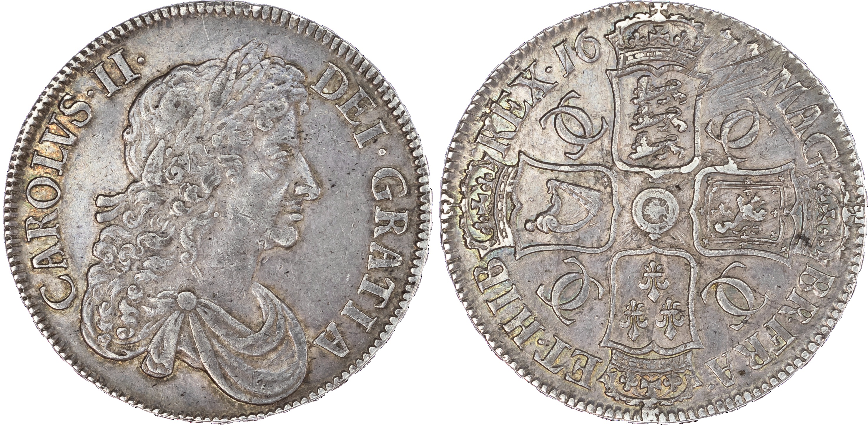 Charles II (1660-85), Crown, 1676, third bust right, toothed border both sides, legend surrounding, CAROLVS II DEI GRATIA.