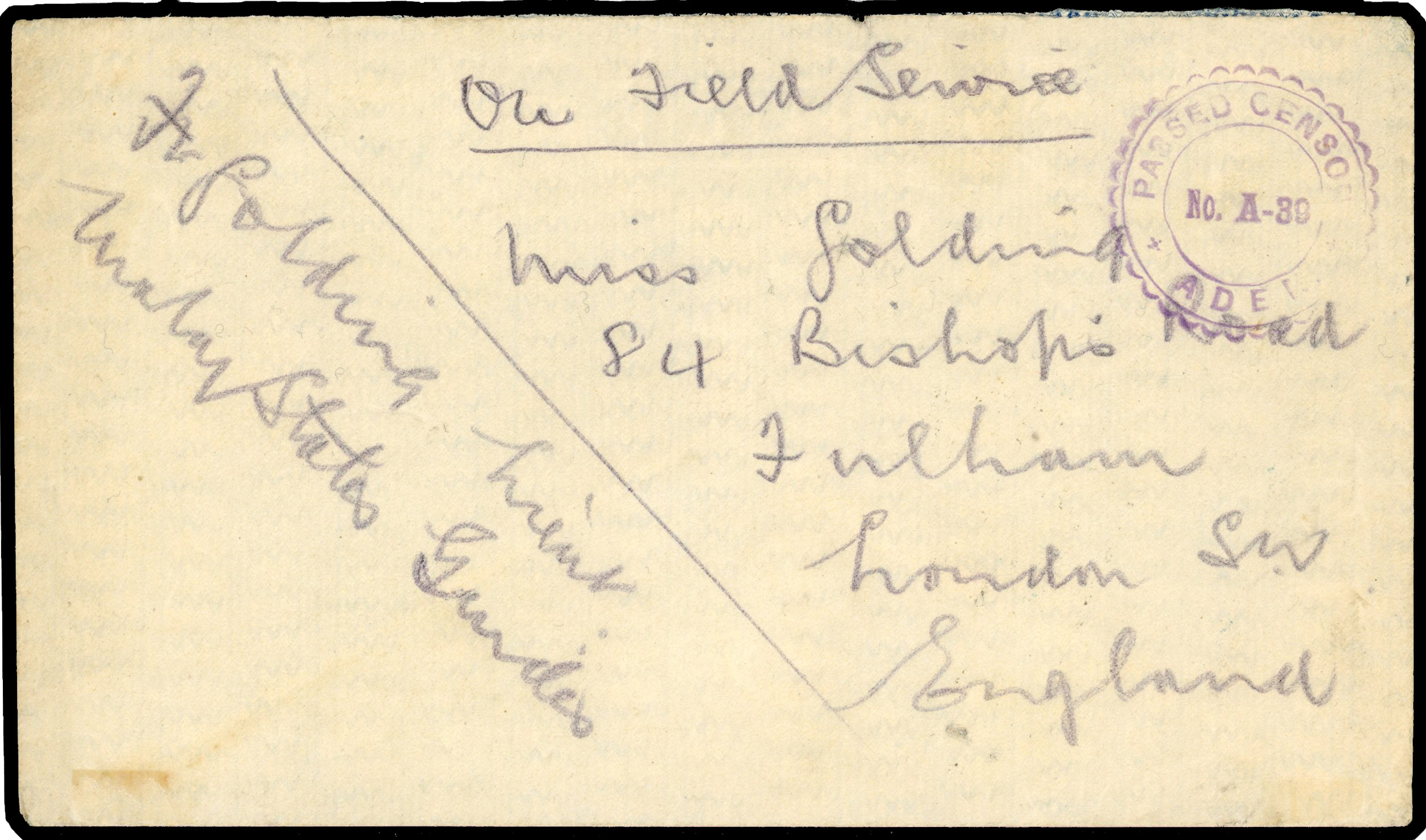 ADEN: 1916 stampless cover to London marked “On Field Service”, with violet ‘PASSED CENSOR/No.A-39/ADEN’ handstamp