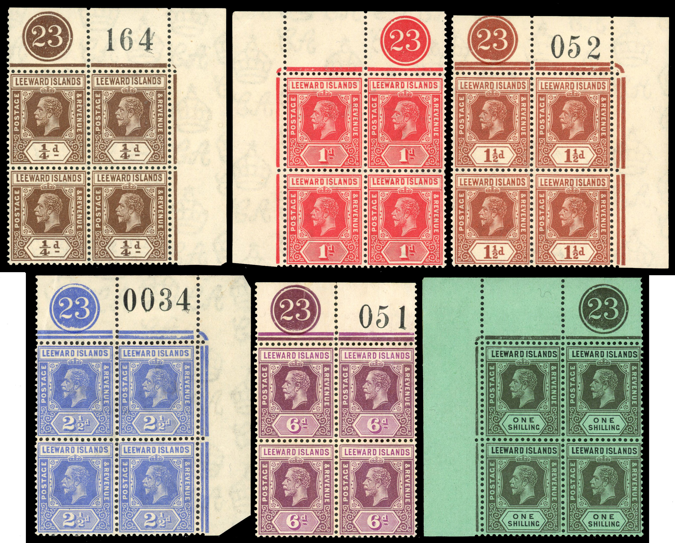 Leeward Islands SG 81, 83-7 Plate blocks mint