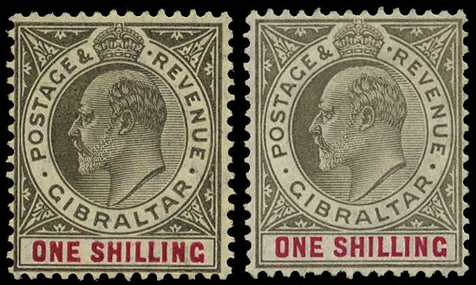 1905 1/- black and carmine, watermark MCA,...