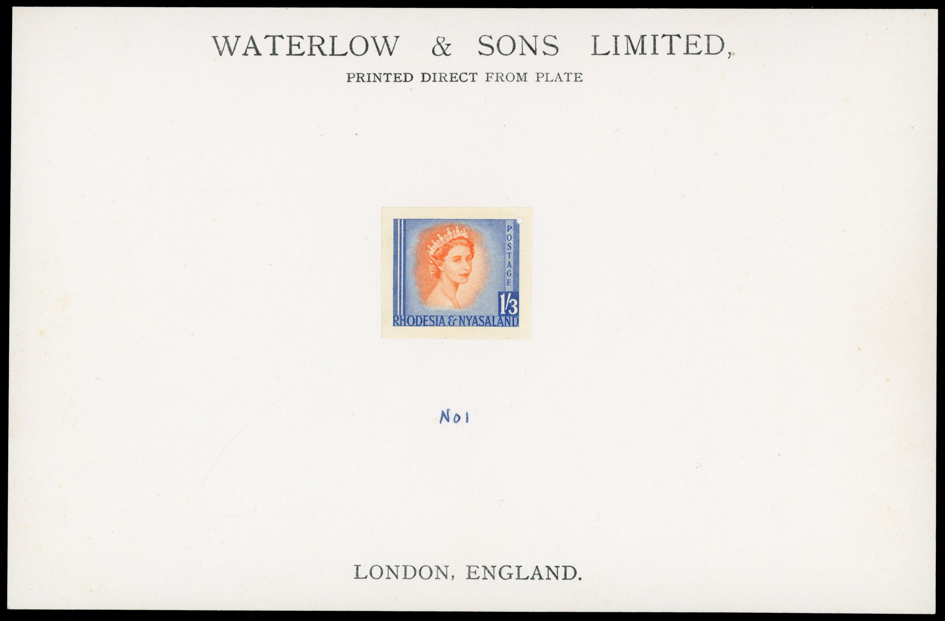 Rhodesia & Nyasaland SG 10 1954 1/3d on Waterlow sample sheet