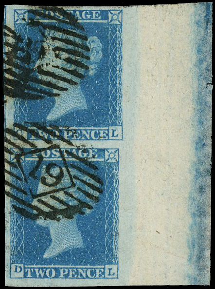 1841 2d Blue Pl.4. Superb used marginal vertical pair (CL-DL)