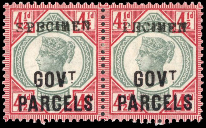 GB Govt Parcels. 1891-1900 4½d green and carmine pair optd ‘SPECIMEN’ Type 9 SG O71s