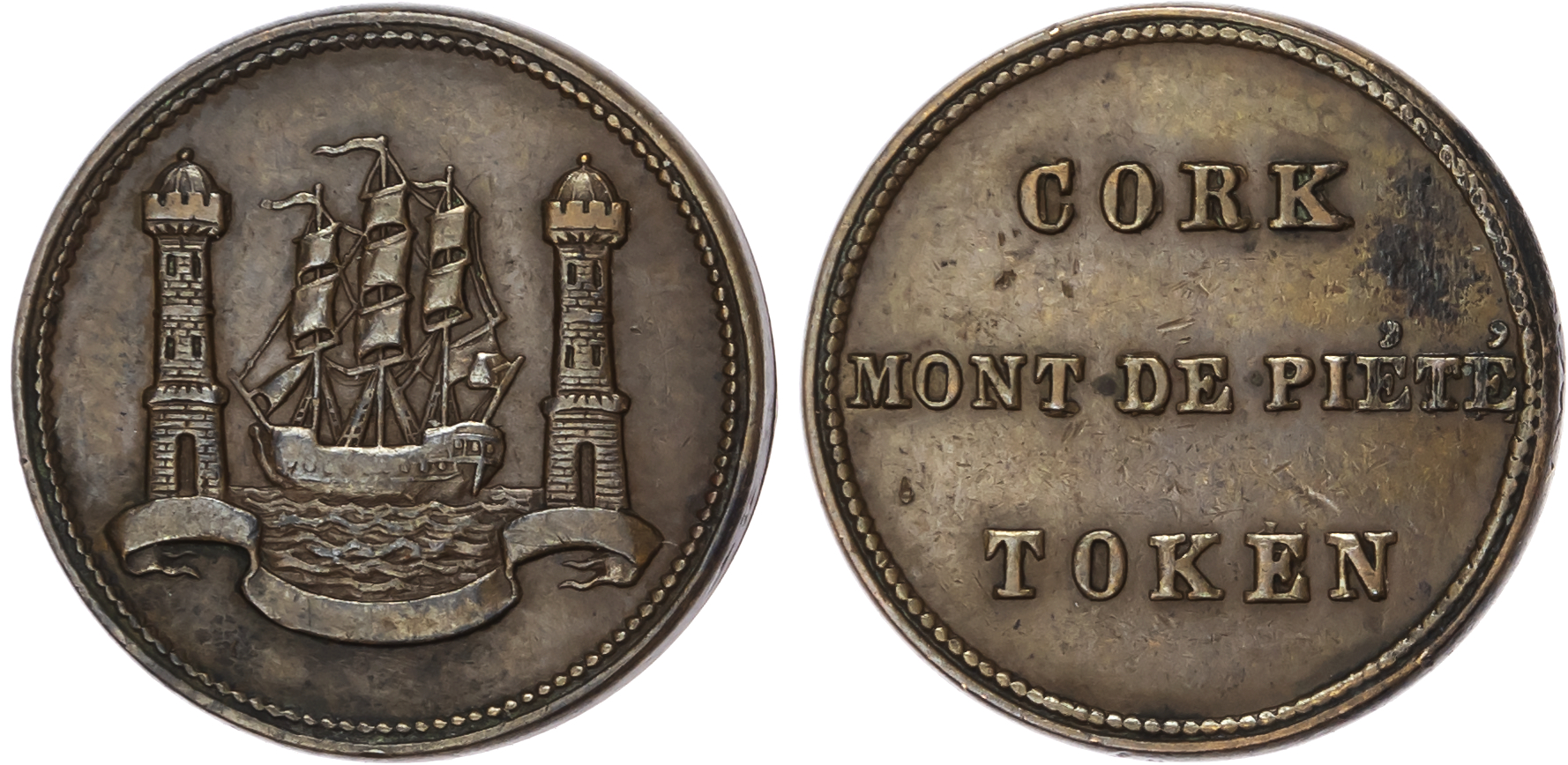 Cork, Mont de Piete (philanthropic institution – pawn office) farthing (1830s), City arms/three-line legend. 2…