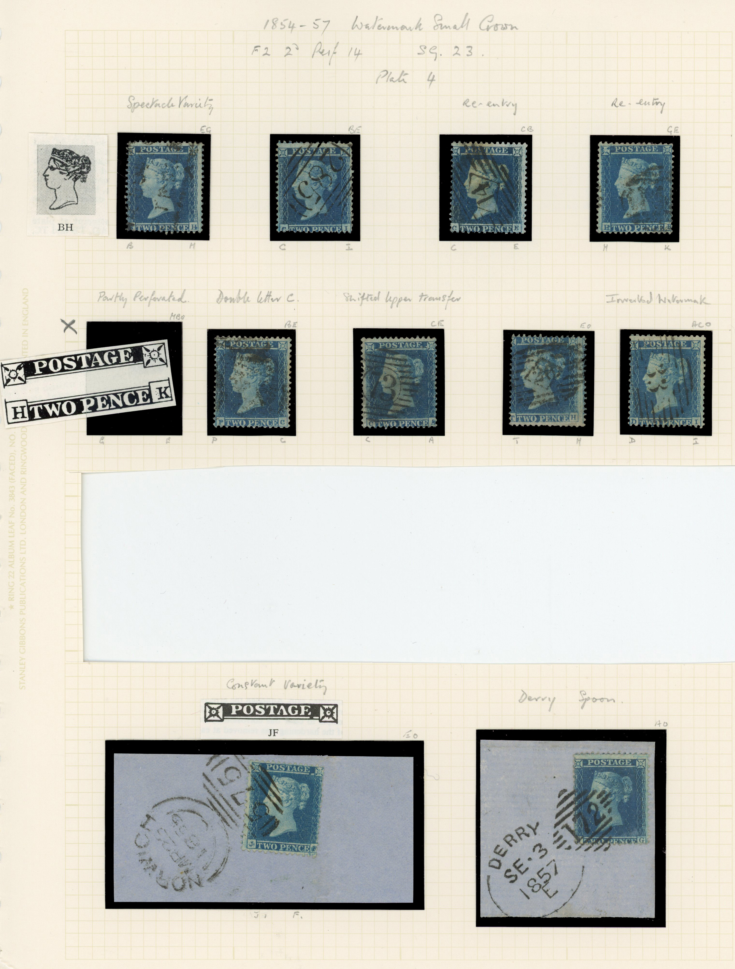 1855 2d Blue Pl.4 (SG23, Die I, Alphabet II, Wmk. Small Crown, Perf 14). A fine group of ten used