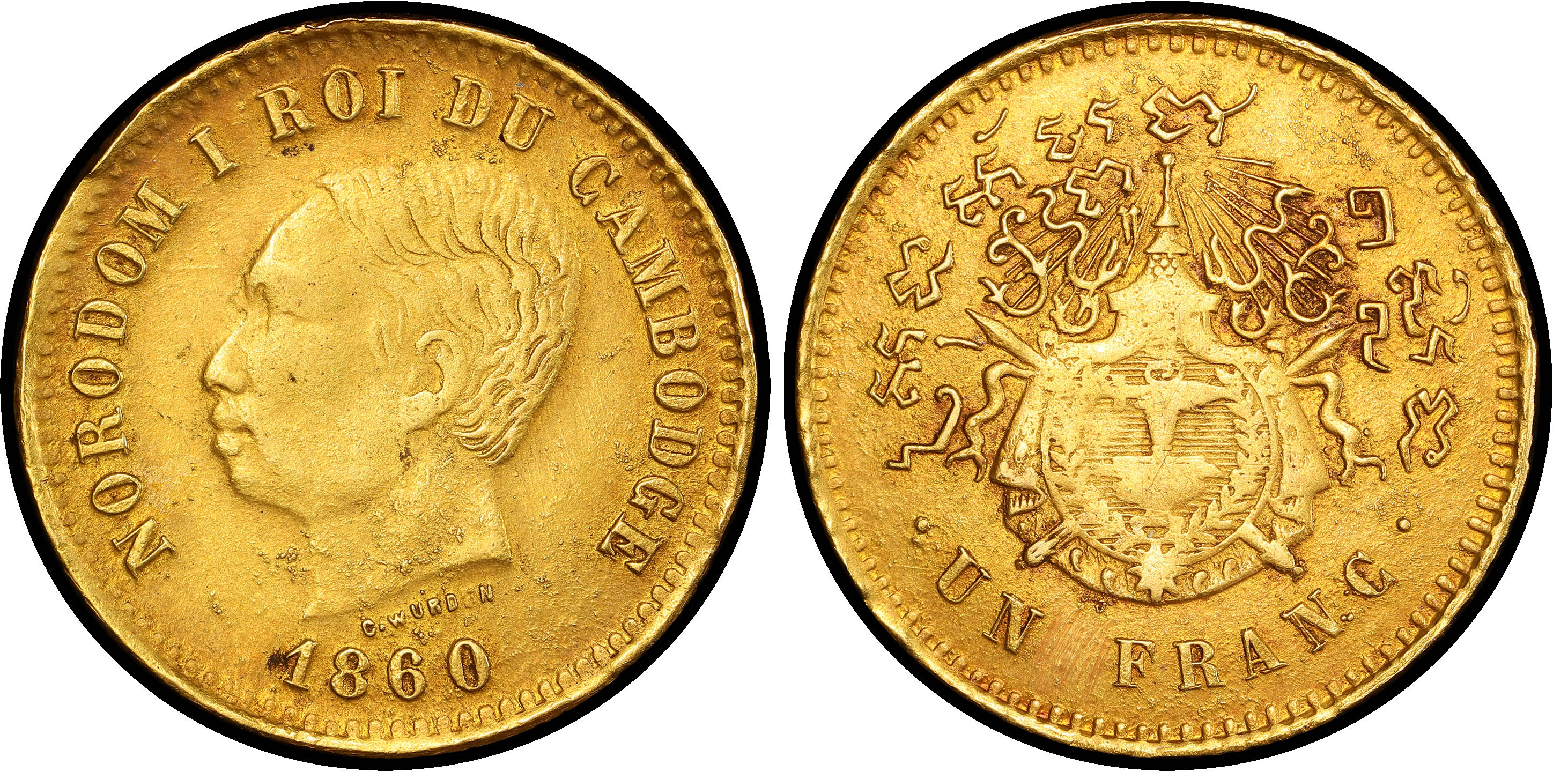 Cambodia, Norodom I (1860‑1904), gold Pattern Franc – special strike, 1860
