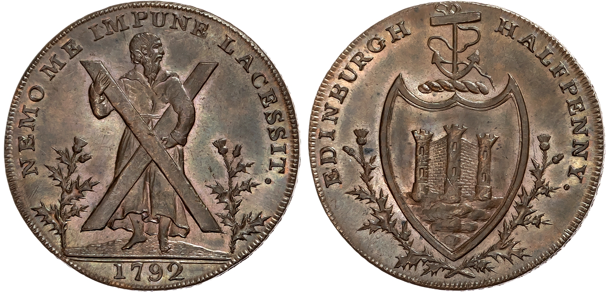 Loth. Edinburgh, Thomas and Alexander Hutchison Halfpenny 1792, St. Andrew holding cross, thistle either side, rev . arm …
