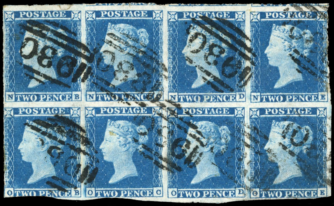 GB 1841 2d blue Plate 4 NB-OE block of 8 on thin paper used