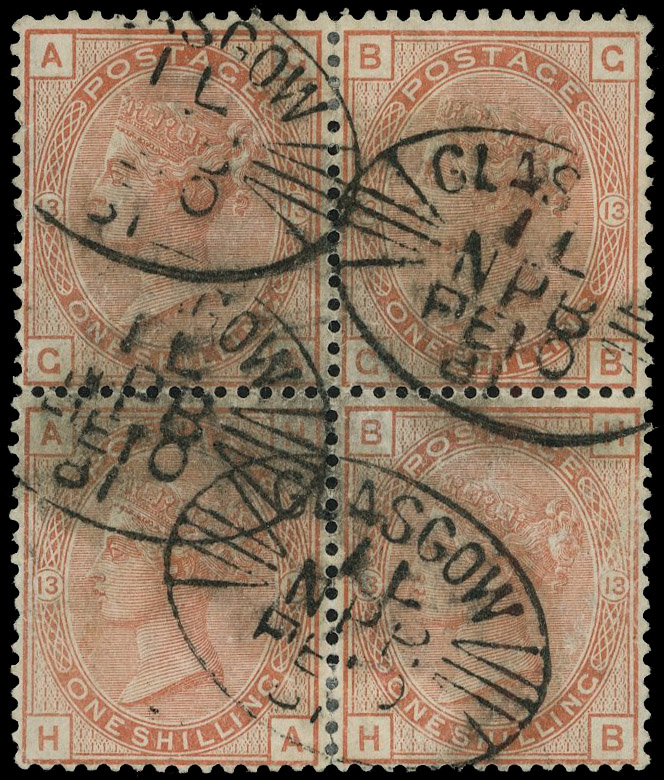 1880 1s Orange-brown Pl.13 (Wmk. Spray). Fine used block of four lettered GA-HB cancelled by Glasgow NPB datestamps for …