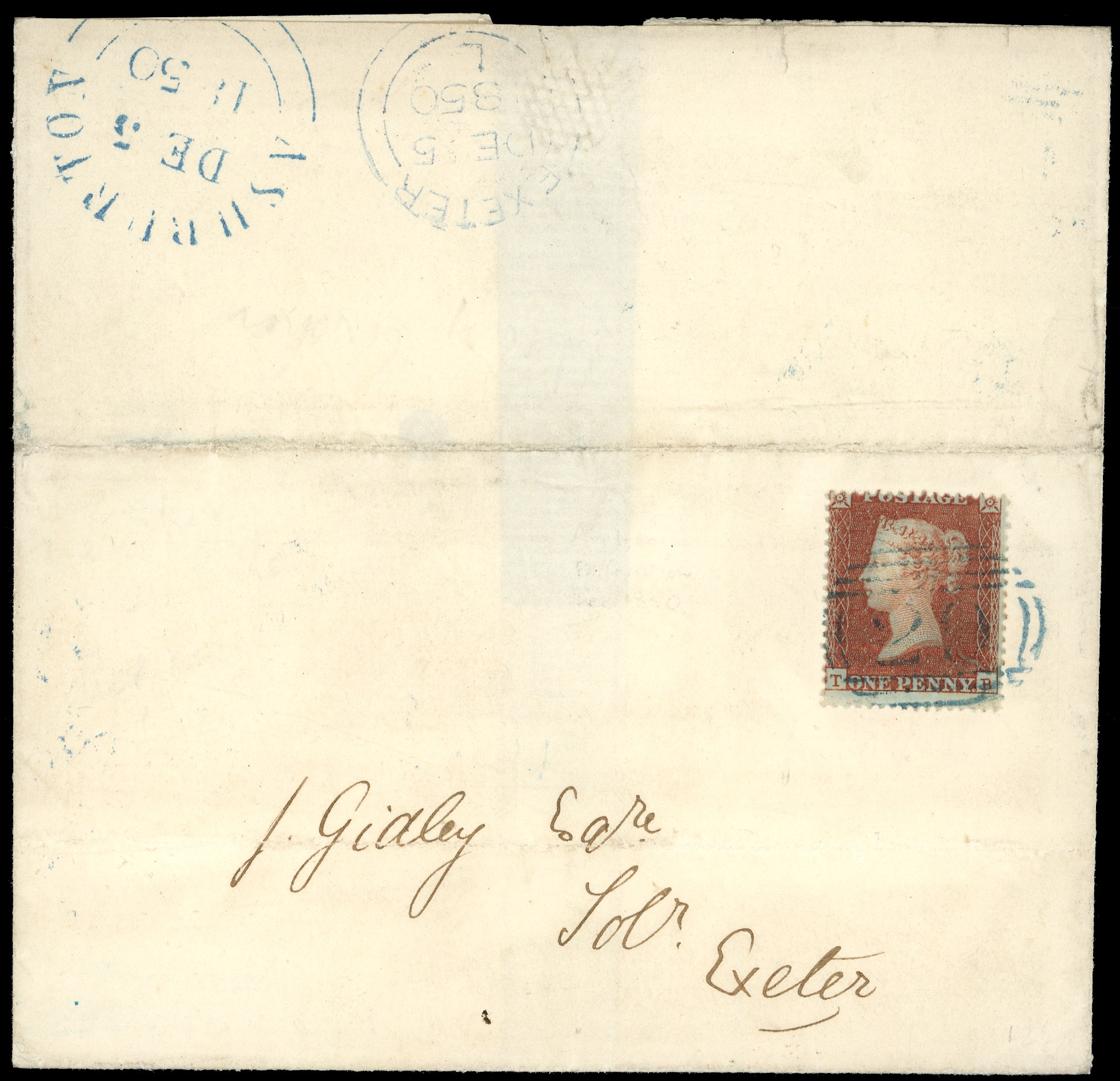 1850 1d Red brown “Archer“ Pl.100 on cover Blue...