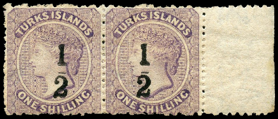 Turks Islands 1881 ½ on 1s lilac type 5 surcharge horizontal pair