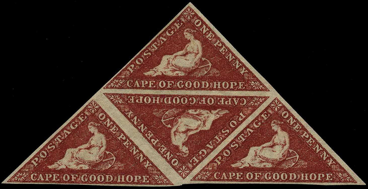 1864 1d deep carmine-red triangular block...