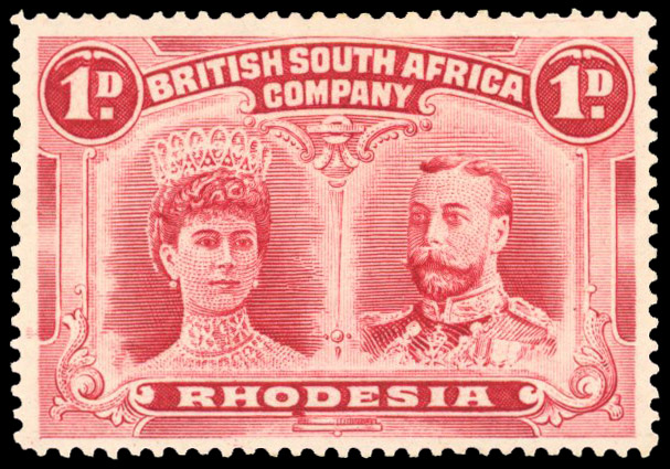 Rhodesia 1910-13 1d rose-carmine perf 15 with OD flaw