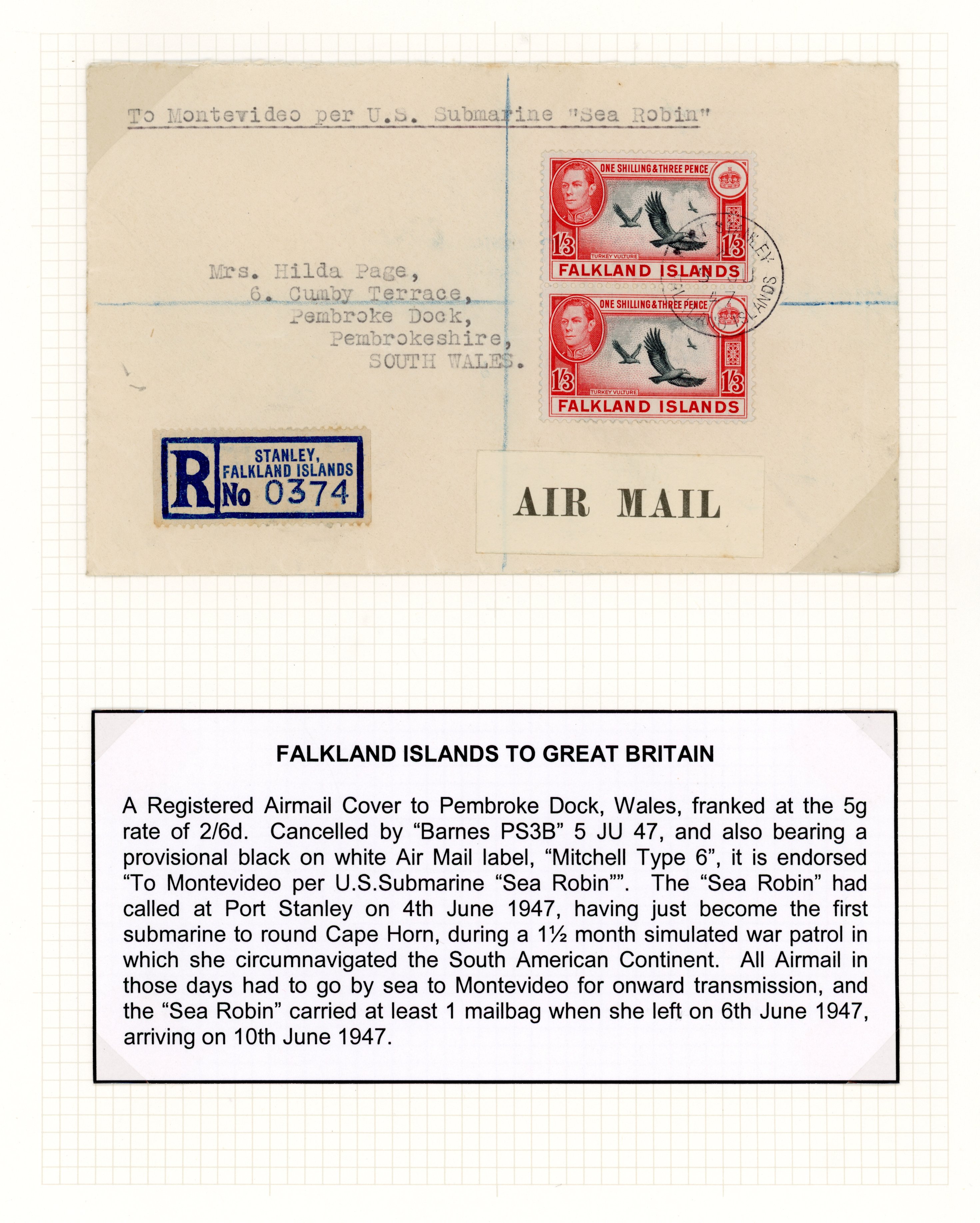 Falkland Islands 1947 Submarine cover