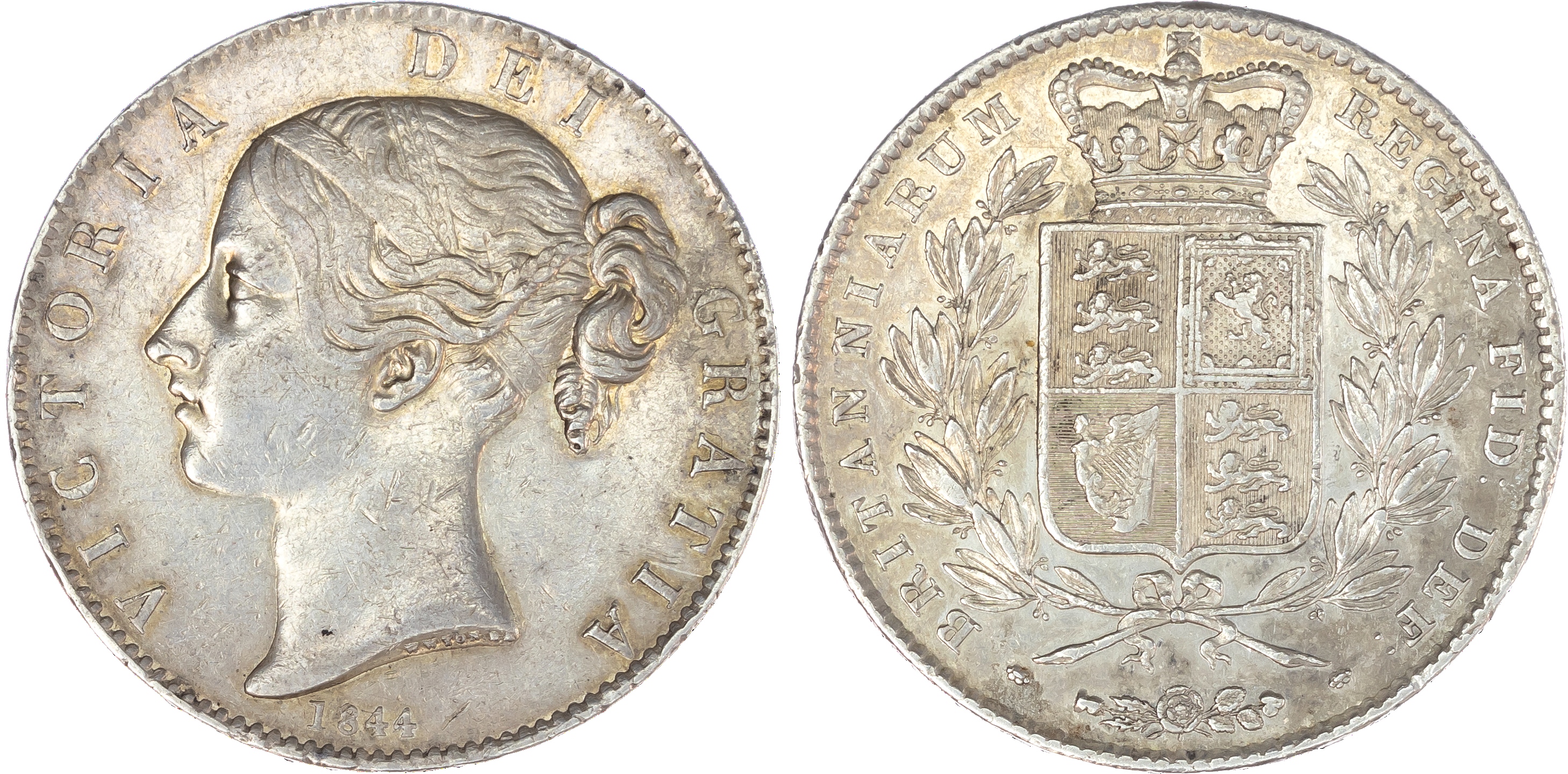 Victoria (1837‑1901), Crown, 1844, Star stops, young filleted head left, W WYON. RA raised on truncation, date below,