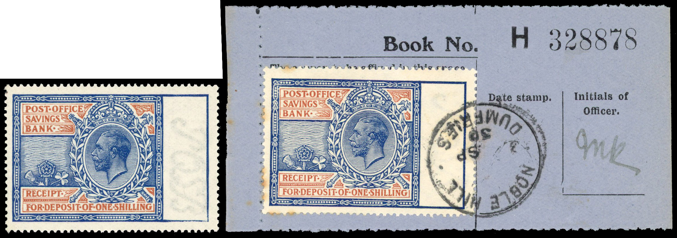 GREAT BRITAIN REVENUE: 1911-20 1s light blue and red POSB 1s stamps, mint and used SG Spec. POSB2 £310