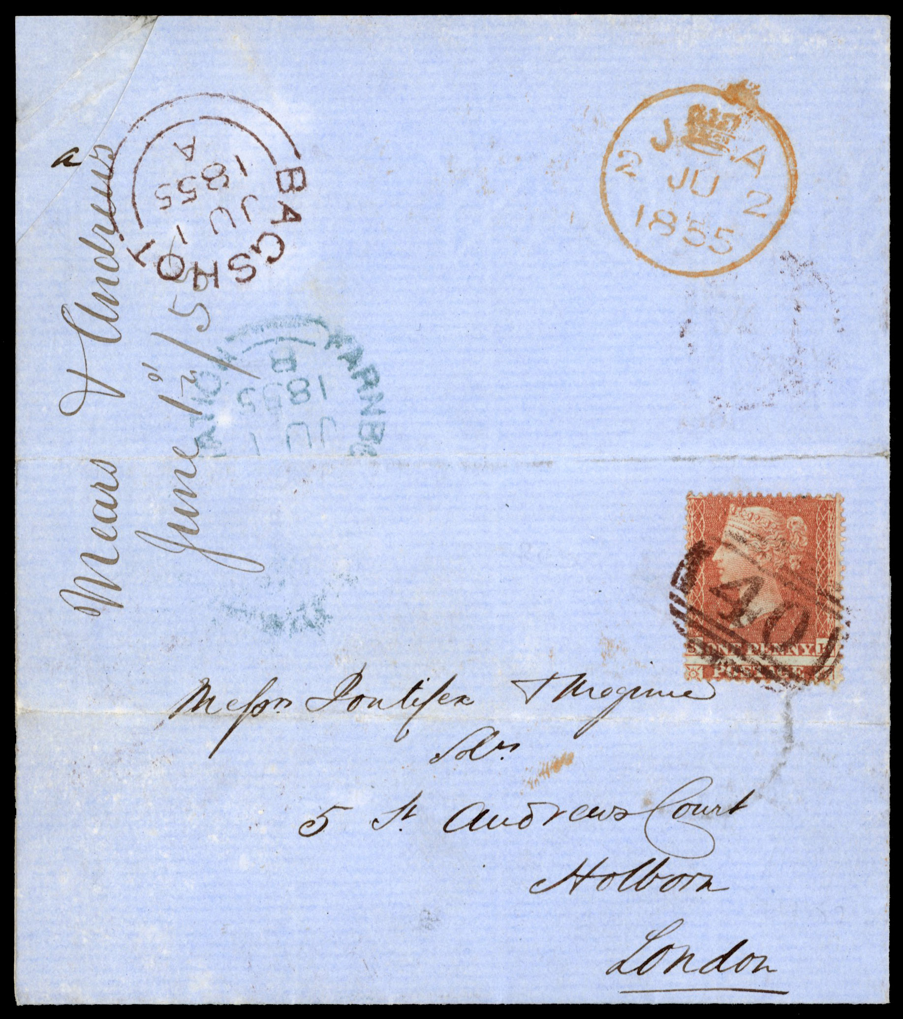 SG21 1855 1d Red brown on cover with brown Bagshot cancel