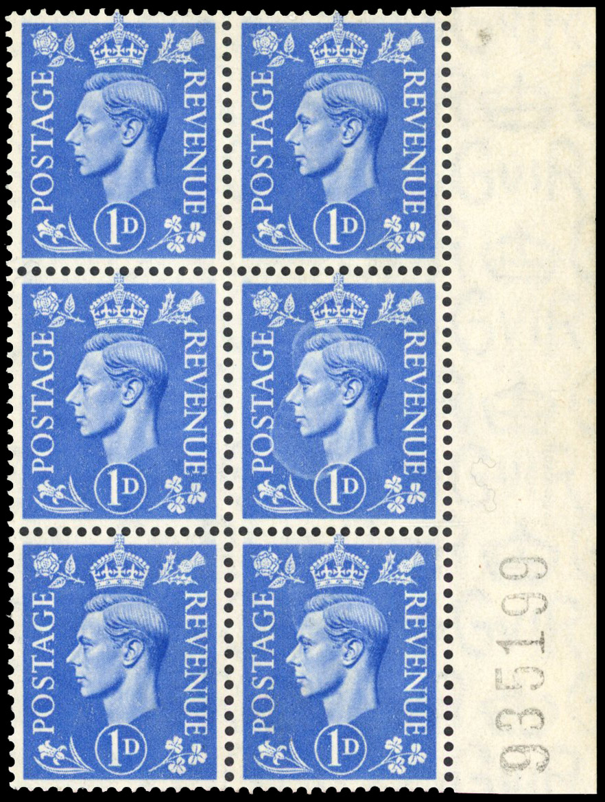 1951 1d Light ultramarine 'keyhole' flaw block mint (SG504var)