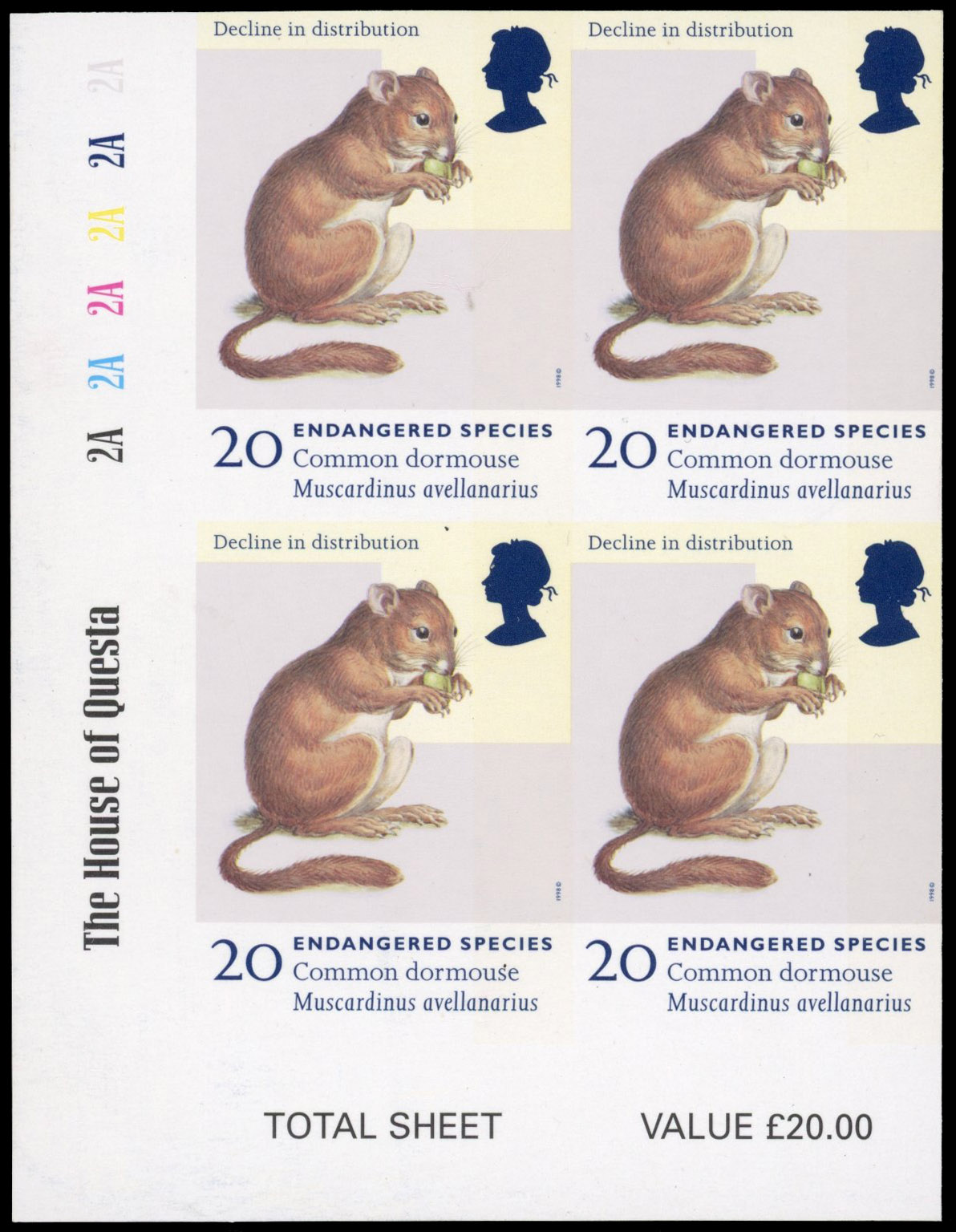 GB SG 2015 1998 20p Dormouse plate proof block