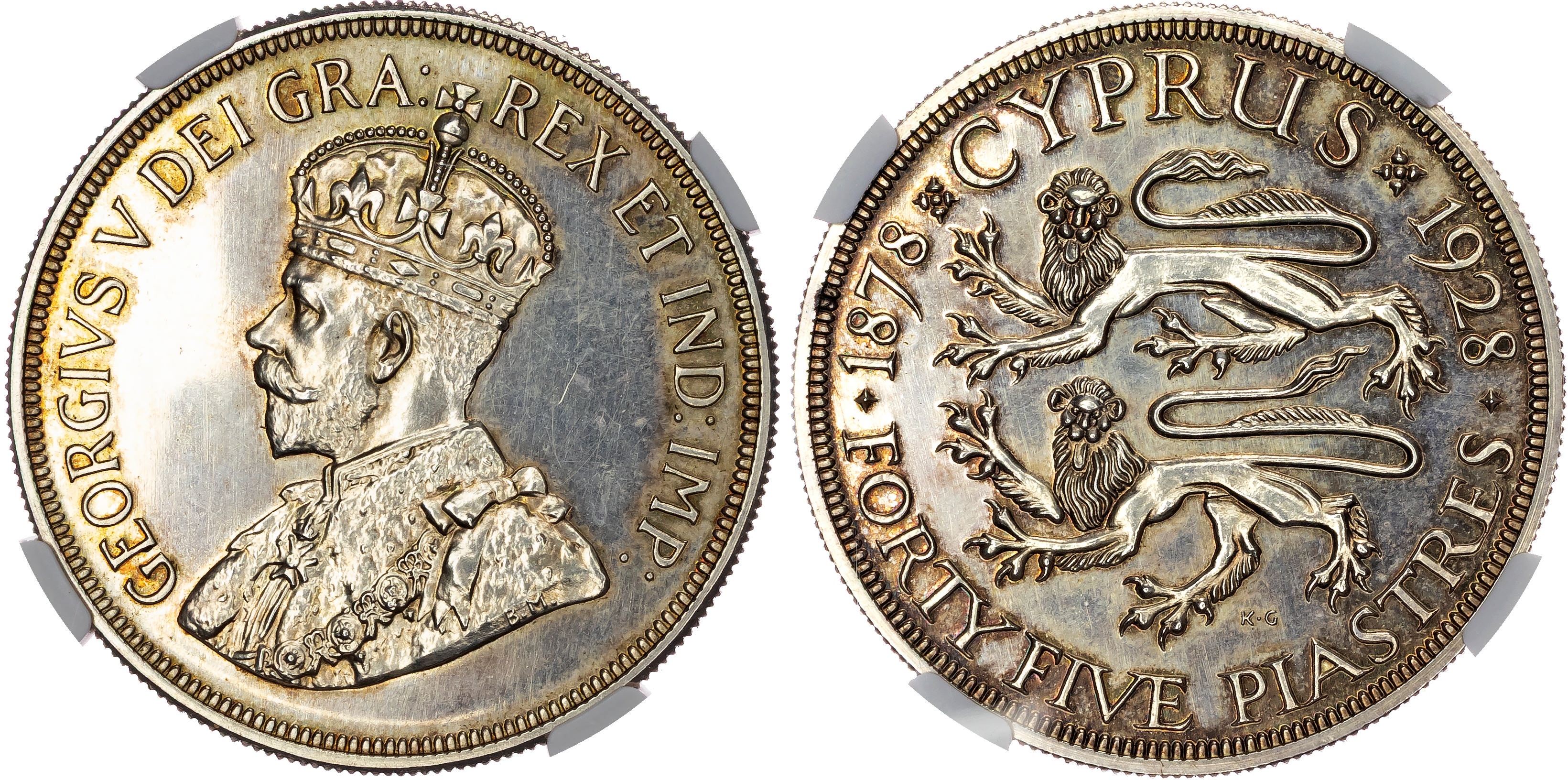 Cyprus, George V (1910-1936), silver 45 Piastra - PF 62