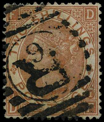 1880 2s brown Plate 1 (DF), used cancelled...